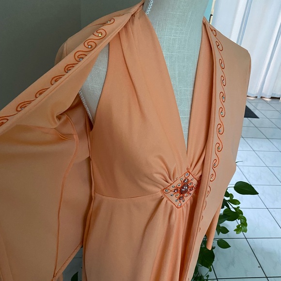 Vintage Dresses & Skirts - Vintage 2 pc Halter Dress Gown Jacket 70s Knit JC Penneys Coral Embellished 70s